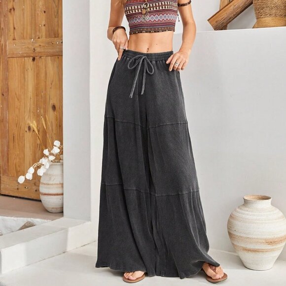 Grey Casual Women's Wide Leg Pants With Drawstring Waist And Ruffle Hem - Picture 4 of 5